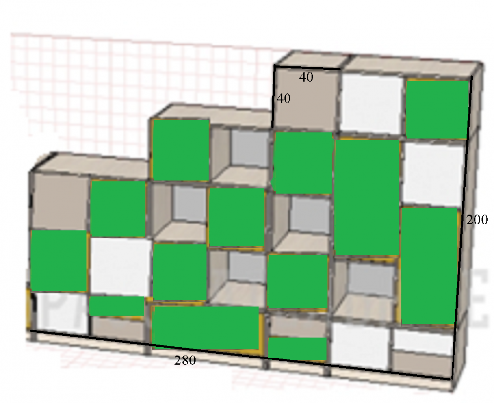 модульная симтема серого цвета закрытые полки (дверцы) зеленого серого и белого цветов, открытве серый цвет (1)
